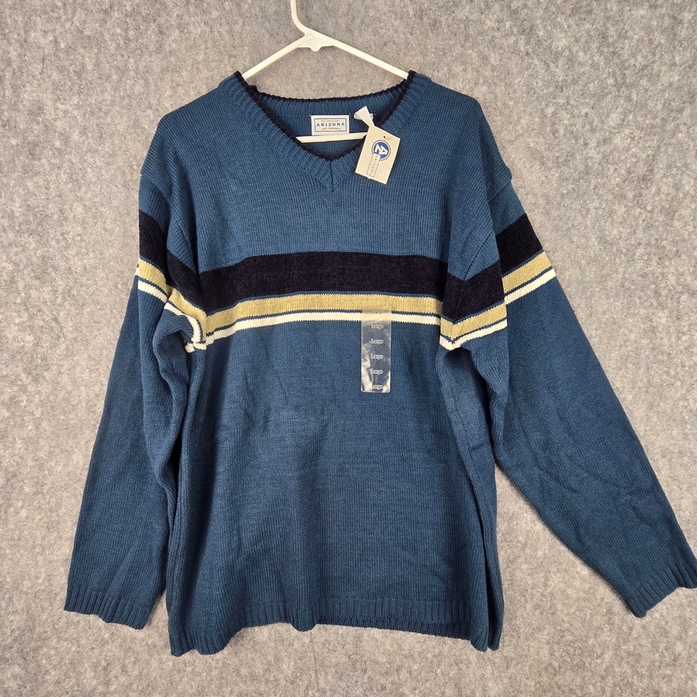 NWT Vtg 90s Arizona Jean Co Striped V Neck Sweater Mens L Deadstock Blue Knit